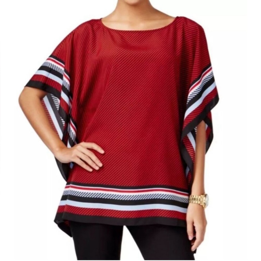Michael Kors Poncho Blouse Womens Size L/XL red striped black blue white top